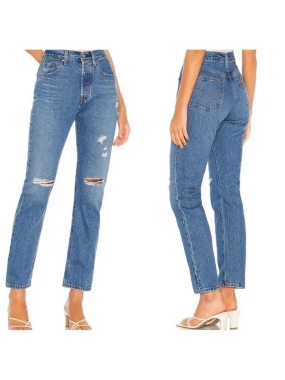 Levi’s 501 High Rise Ripped Knees Straight Leg Crop Jeans in Mid Wash Blue